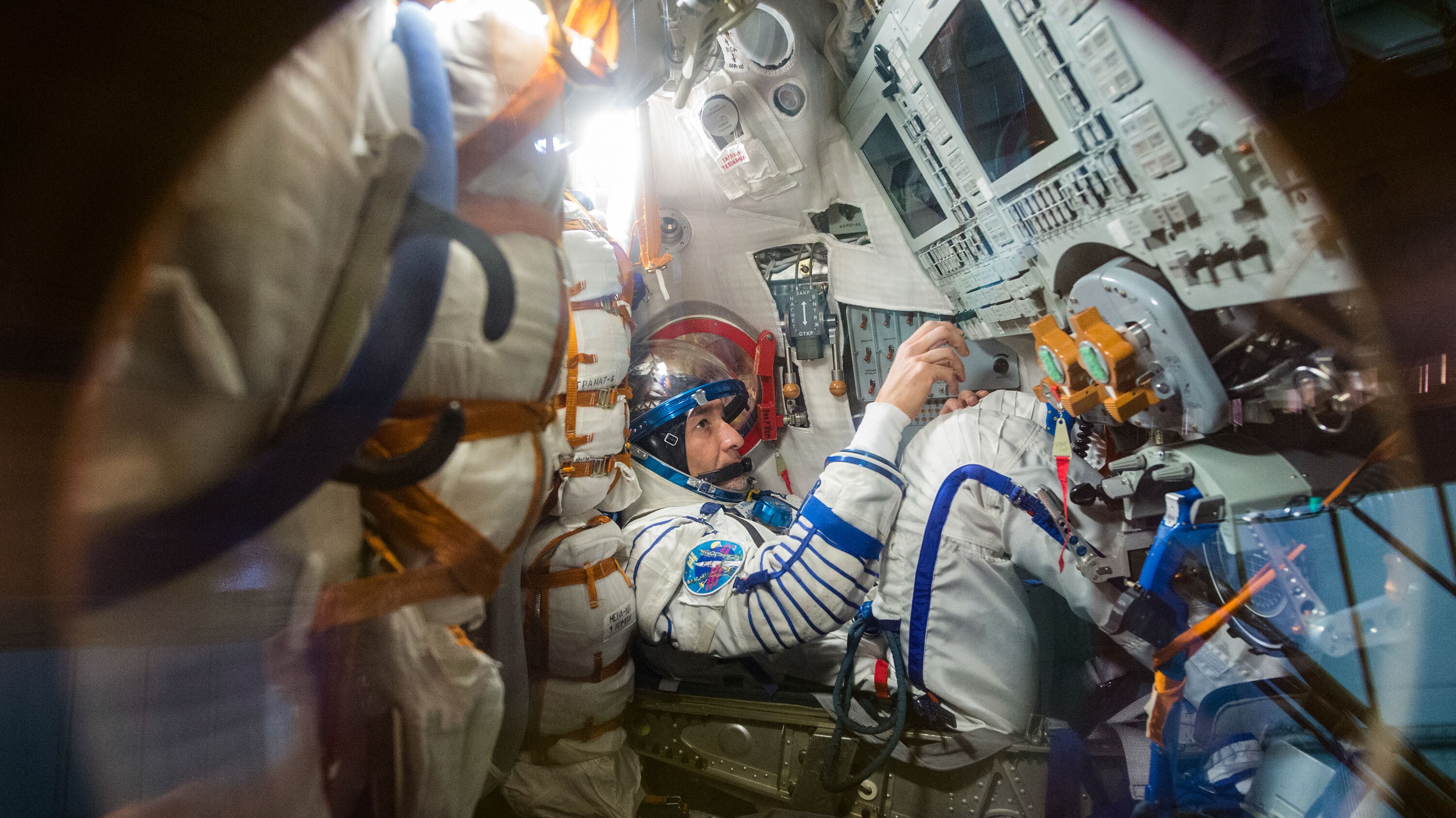 AMONG THE STARS - (July 5, 2019) - At the Baikonur Cosmodrome in Kazakhstan, Expedition 60 crewmember Luca Parmitano of the European Space Agency works procedures inside his Soyuz spacecraft July 5 as part of pre-launch activities.Parmitano, Drew Morgan of NASA and Alexander Skvortsov of Roscosmos will launch July 20 on the Soyuz MS-13 spacecraft from the Baikonur Cosmodrome for a mission on the International Space Station. (Andrey Shelepin/GCTC) LUCA PARMITANO