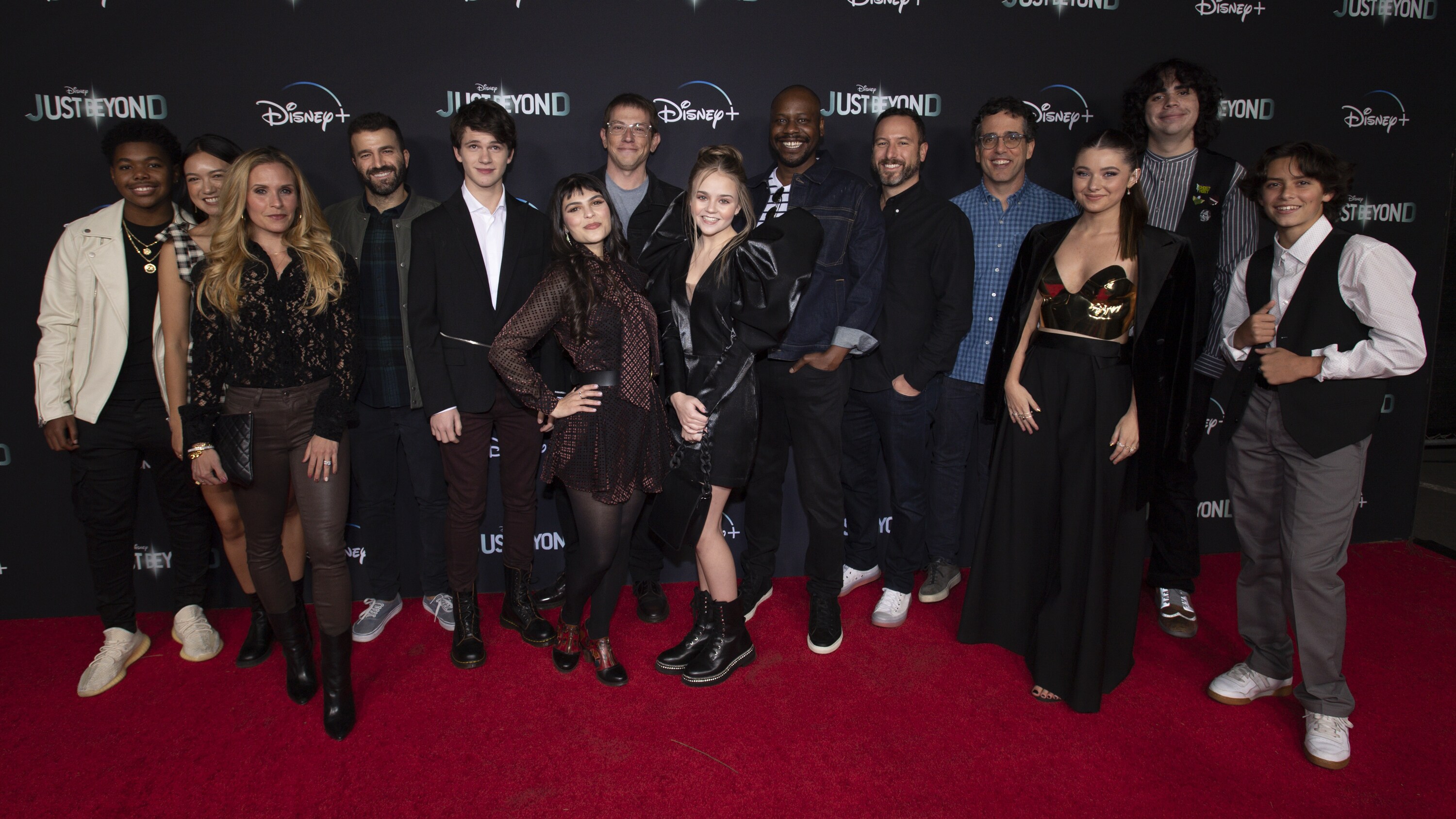 JUST BEYOND - Stars of the R.L. Stine inspired Disney+ Original series "Just Beyond" attended the Drive-In Premiere Event at West Los Angeles College, Tuesday, October 12. All episodes of "Just Beyond" are available to stream Wednesday, October 13 on Disney+. (Disney/Richard Harbaugh) CEDRIC JOE, RACHEL MARSH, SALLY PRESSMAN, DAVID KATZENBERG (EXECUTIVE PRODUCER), GABRIEL BATEMAN, JY PRISHKULNIK, SETH GRAHAME-SMITH (EXECUTIVE PRODUCER / SHOWRUNNER), MEGAN STOTT, MALCOLM BARRETT, AARON SCHMIDT (EXECUTIVE PRODUCER), DAVID WALPERT (EXECUTIVE PRODUCER), MARCELLE LEBLANC, CYRUS ARNOLD, LOGAN GRAY