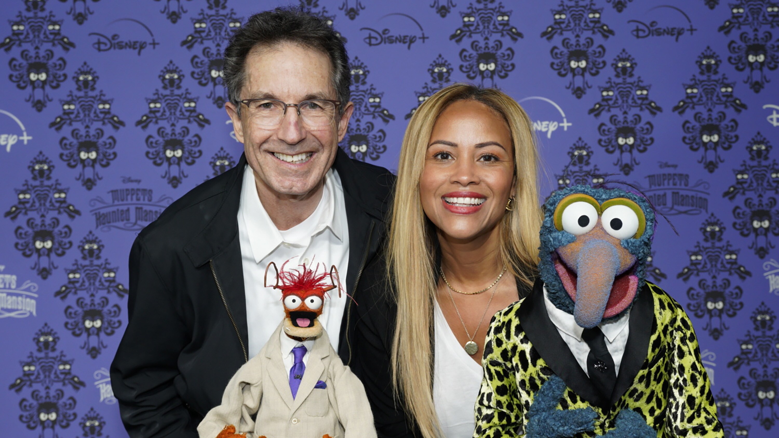 MUPPETS HAUNTED MANSION - Stars of The Muppets first-ever Halloween special "Muppets Haunted Mansion" attended the Drive-In Premiere Event at West Los Angeles College, Thursday, October 7. "Muppets Haunted Mansion" is available to stream Friday, October 8 on Disney+. (Disney/Jacqueline Jones) PEPE THE KING PRAWN, GARY MARSH (PRESIDENT & CCO, DISNEY BRANDED TELEVISION), AYO DAVIS (PRESIDENT, DISNEY BRANDED TELEVISION), GONZO