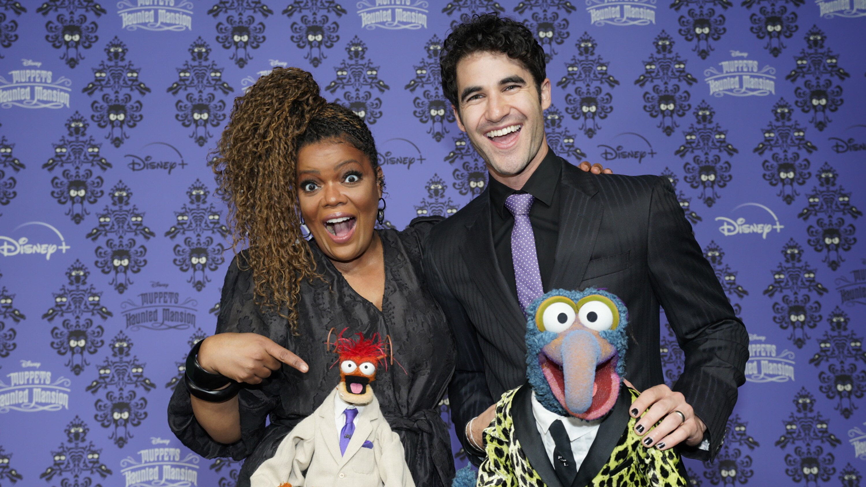 MUPPETS HAUNTED MANSION - Stars of The Muppets first-ever Halloween special "Muppets Haunted Mansion" attended the Drive-In Premiere Event at West Los Angeles College, Thursday, October 7. "Muppets Haunted Mansion" is available to stream Friday, October 8 on Disney+. (Disney/Jacqueline Jones) YVETTE NICOLE BROWN, PEPE THE KING PRAWN, DARREN CRISS, GONZO