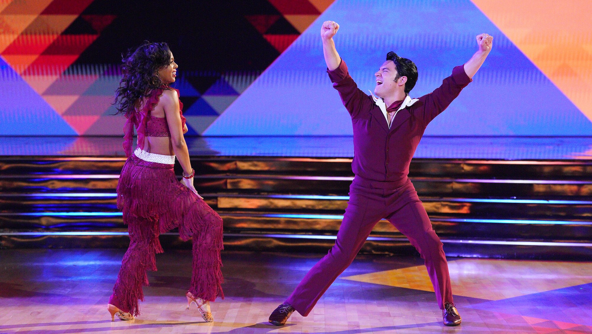 DANCING WITH THE STARS - “Elvis Night” –  The 15 remaining couples “Can’t Help Falling in Love” with Elvis this week as they take on all-new dance styles to music by The King of Rock ‘n’ Roll. Week two of the mirorrball competition will stream live MONDAY, SEPT. 26 (8:00pm ET / 5:00pm PT), on Disney+. (ABC/Christopher Willard) BRITT STEWART, DANIEL DURANT