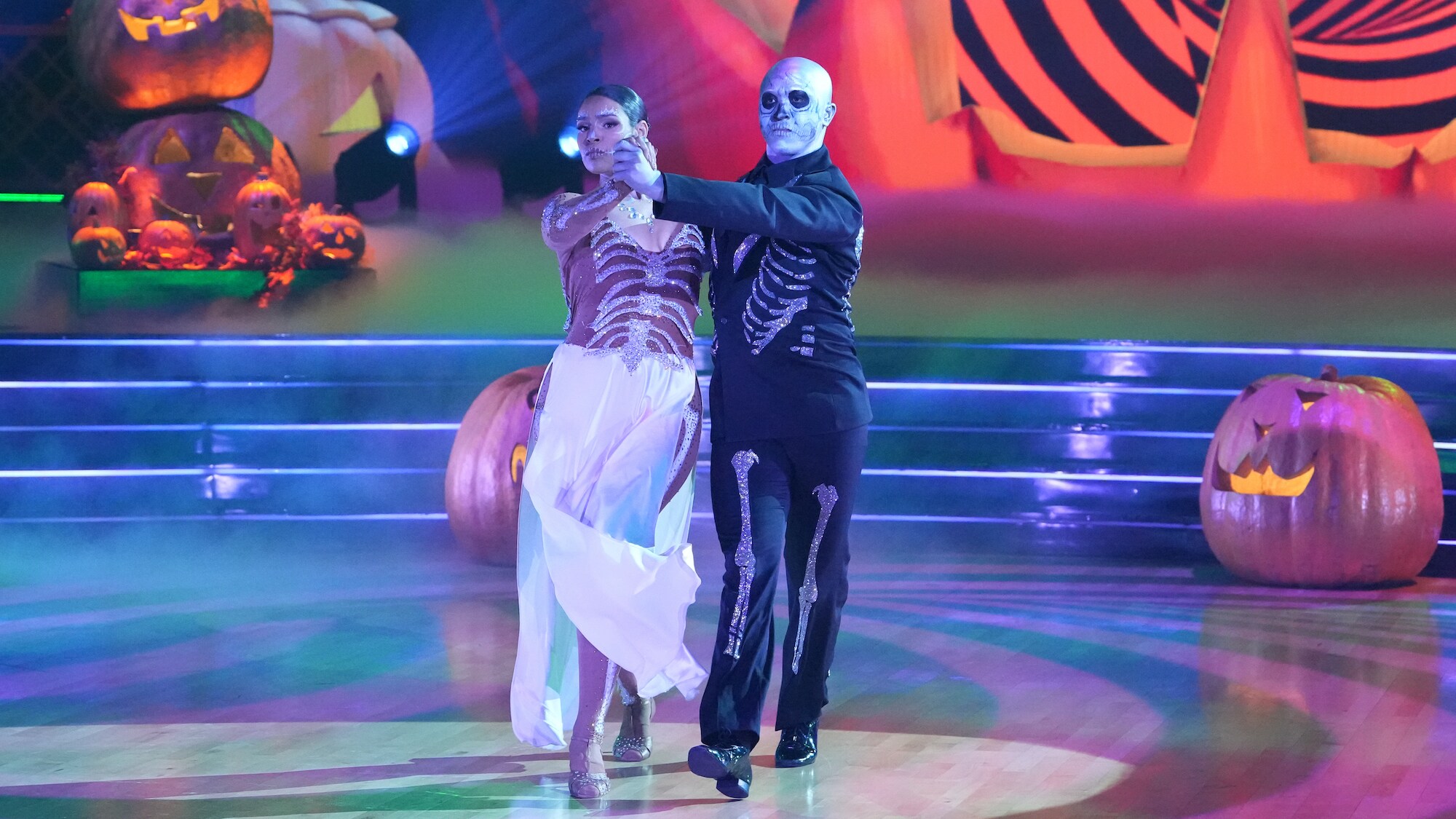 DANCING WITH THE STARS - “Halloween Night” – The ballroom transforms for a haunting “Halloween Night” as the nine remaining couples perform bewitching new routines. As an extra trick (or treat), the contestants are split into groups to compete in a terrifying team dance. “Dancing with the Stars” will stream live MONDAY, OCT. 31 (8:00pm ET / 5:00pm PT), on Disney+. (ABC/Eric McCandless) JORDIN SPARKS, BRANDON ARMSTRONG