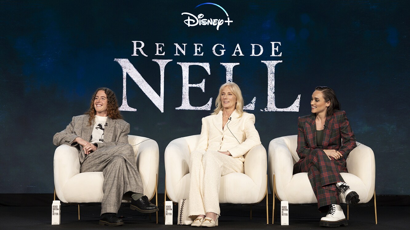 2024 TCA WINTER PRESS TOUR - PASADENA, CALIFORNIA - FEBRUARY 10: Louisa Harland, Joely Richardson, and Alice Kremelberg of the Disney+ UK local original "Renegade Nell” speak onstage during the Renegade Nell panel at the 2024 TCA Winter Press Tour, at The Langham Huntington Hotel, in Pasadena, California on February 10, 2024. (Disney/PictureGroup)