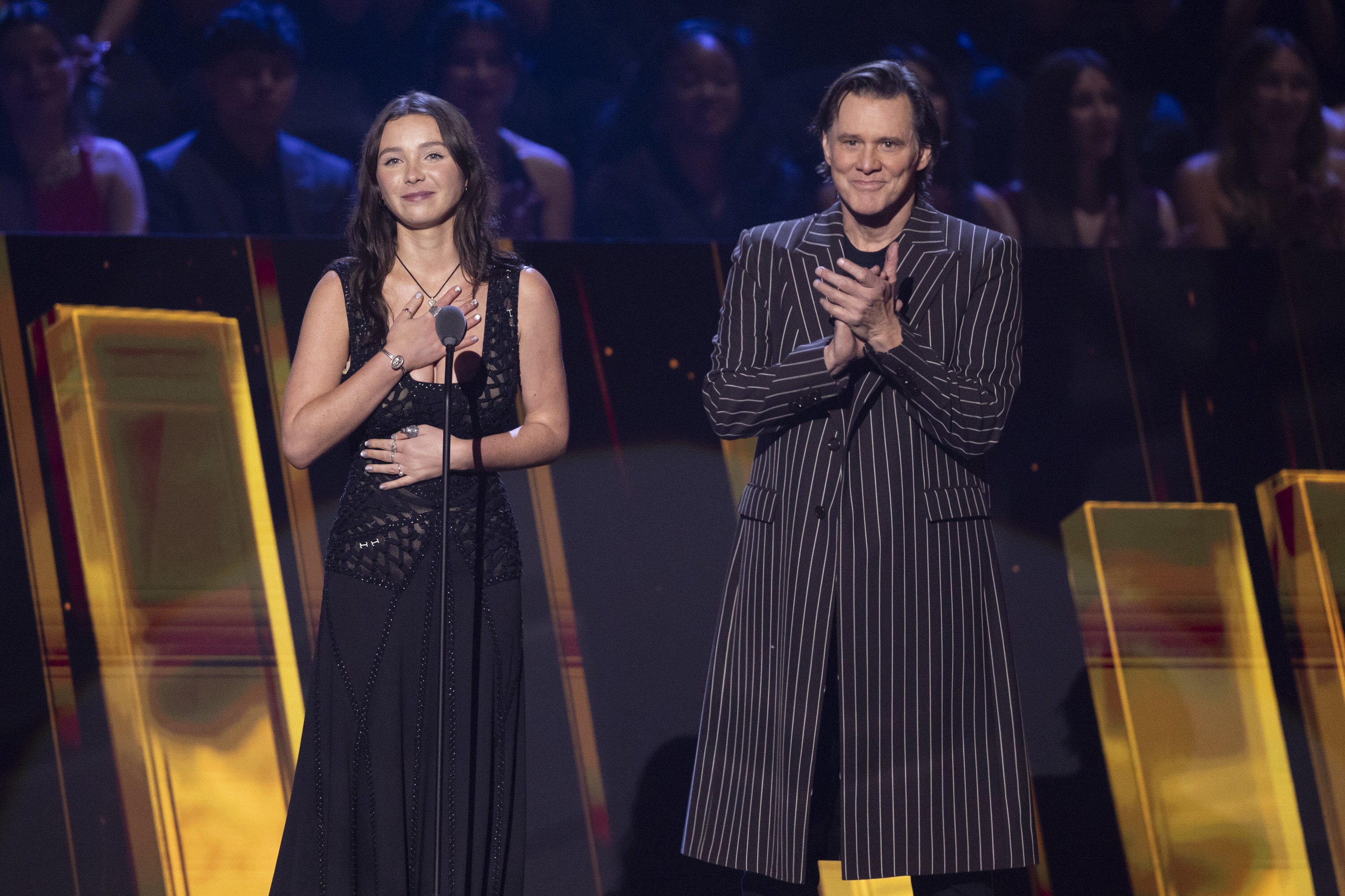 ROCK & ROLL HALL OF FAME 2025 INDUCTION CEREMONY – The 2025 Rock & Roll Hall of Fame Induction Ceremony, with once-in-a-lifetime performances and collaborations paying tribute to the iconic, generation-defining inductees, will be broadcast live coast to coast from Los Angeles on SATURDAY, NOV. 8 (8:00 p.m. EDT) on Disney+. (Disney/Frank Micelotta)  LILLIAN JEAN CORNELL, JIM CARREY 