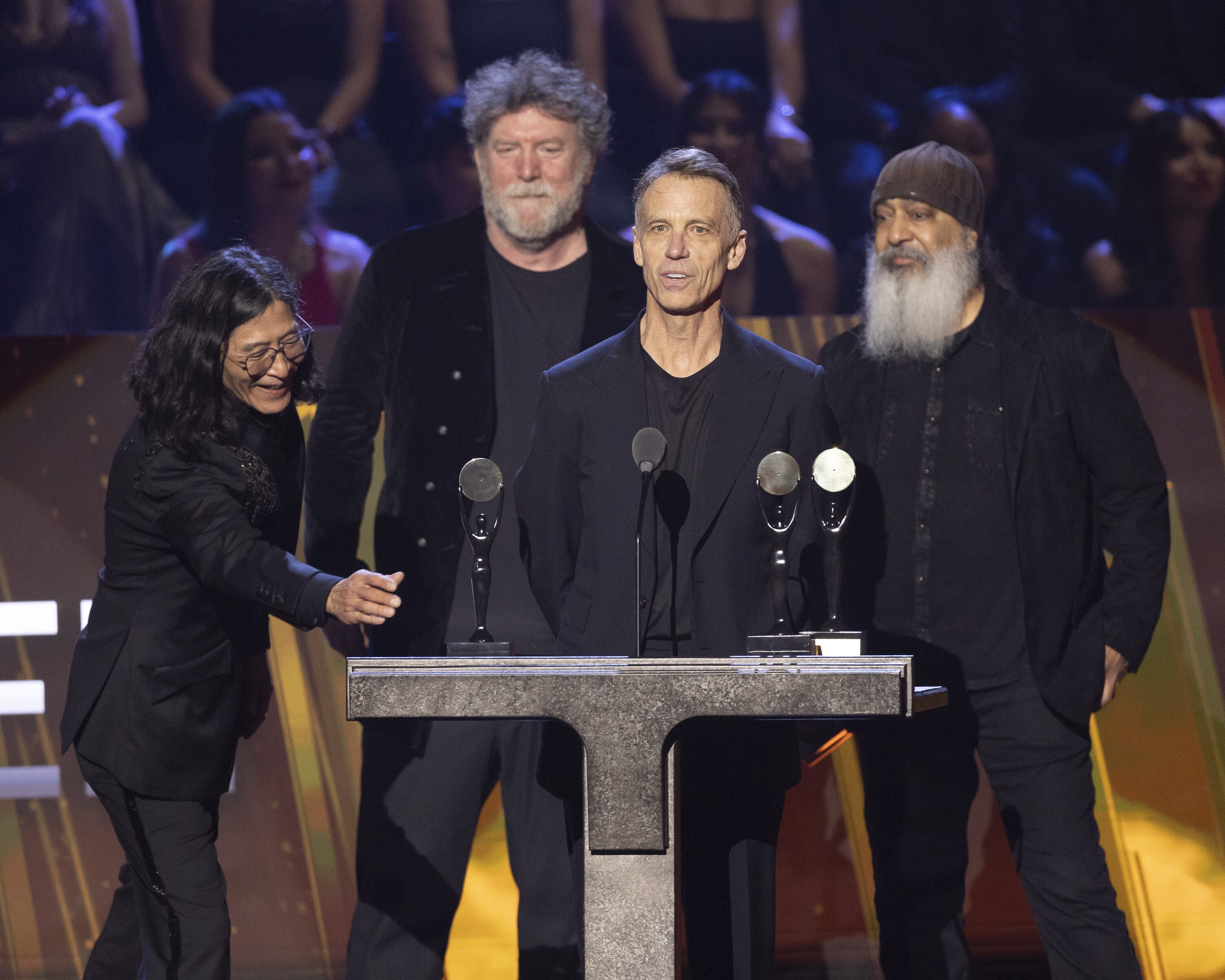 ROCK & ROLL HALL OF FAME 2025 INDUCTION CEREMONY – The 2025 Rock & Roll Hall of Fame Induction Ceremony, with once-in-a-lifetime performances and collaborations paying tribute to the iconic, generation-defining inductees, will be broadcast live coast to coast from Los Angeles on SATURDAY, NOV. 8 (8:00 p.m. EDT) on Disney+. (Disney/Frank Micelotta)  HIRO YAMAMOTO, BEN SHEPHERD, MATT CAMERON, KIM THAYIL 