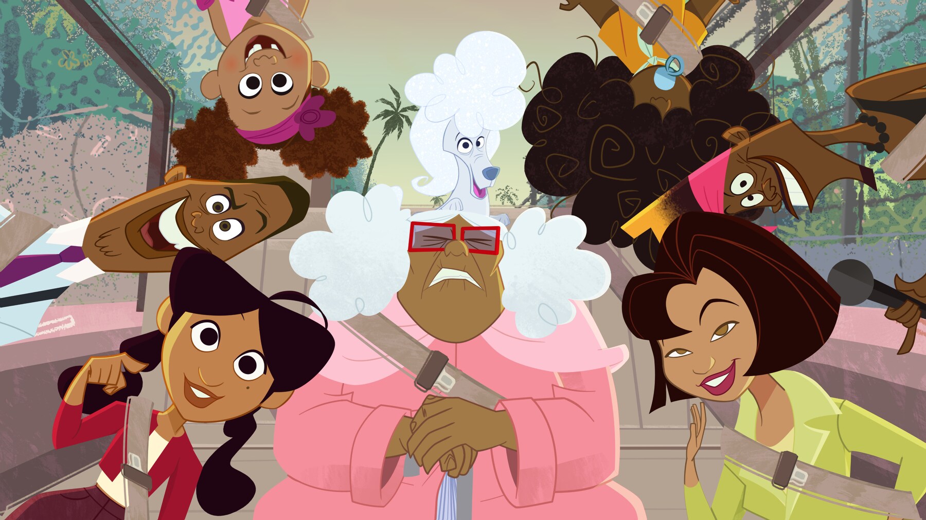 THE PROUD FAMILY: LOUDER AND PROUDER - “Dinosaurs & Donuts Land” (Disney) CLOCKWISE: PENNY, OSCAR, CECE, SUGA MAMA, PUFF, BEBE, BOBBY, TRUDY