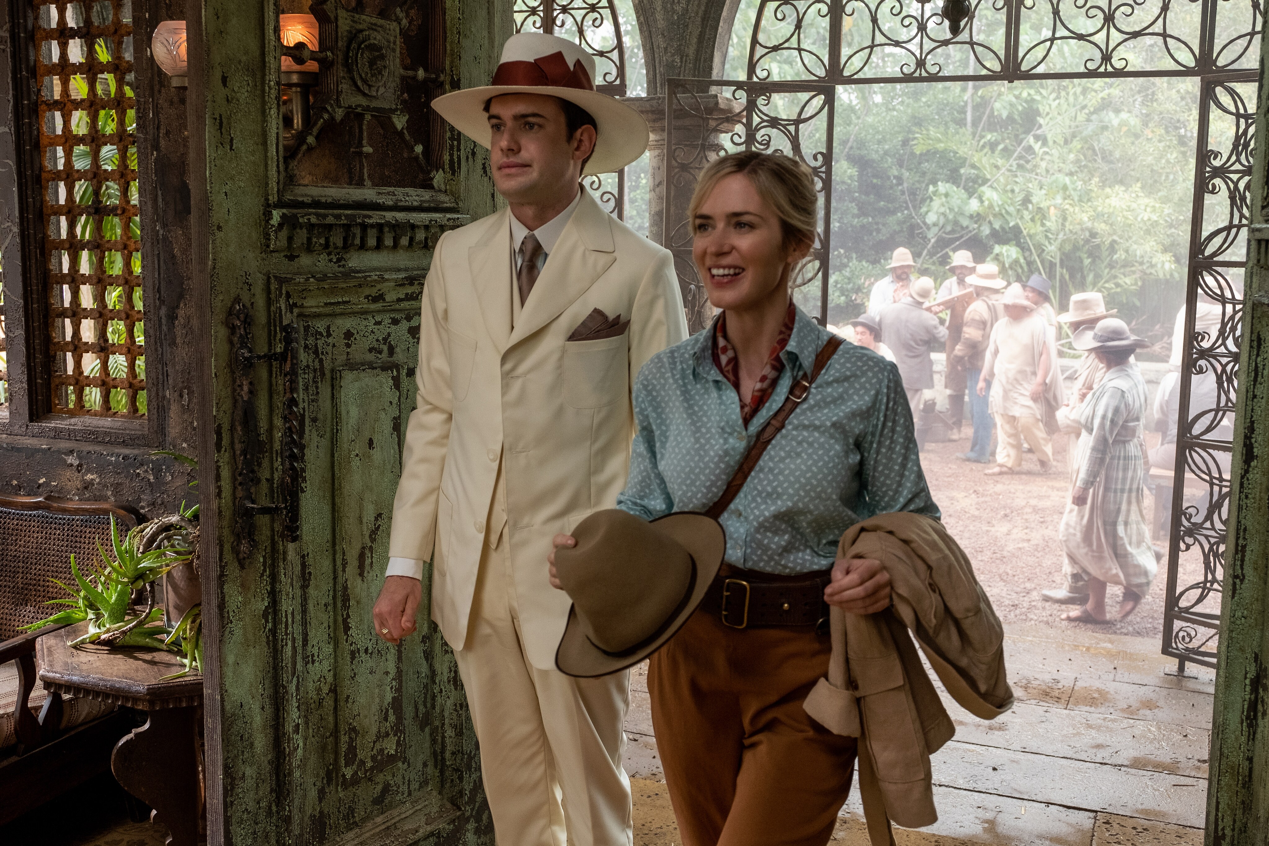 Jack Whitehall and Emily Blunt walking into the hotel on set of Disney's Jungle Cruise