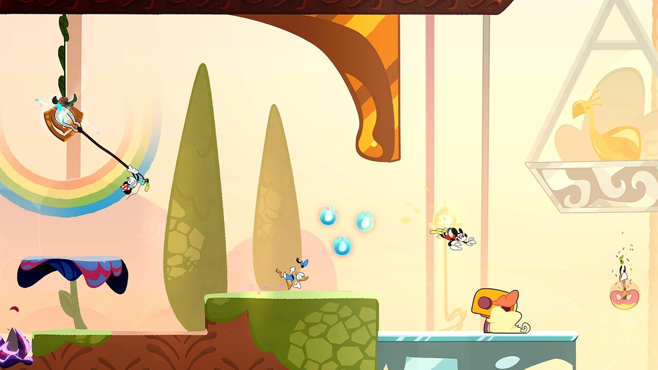 Bildschirmaufnahme aus dem Spiel Disney Illusion Island mit Minnie, Micky, Donald und Goofy