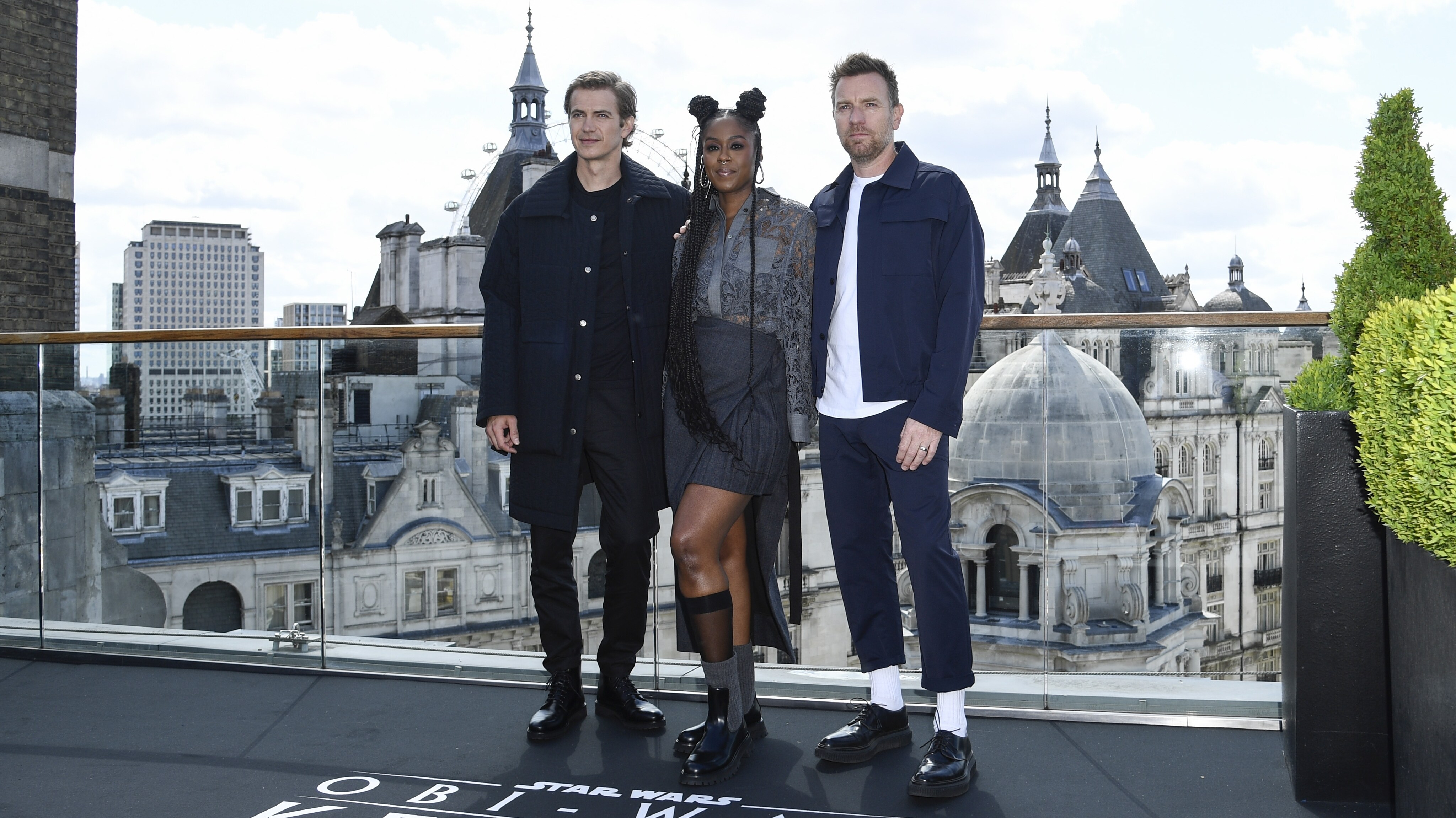 LONDON, ENGLAND - MAY 12: (L-R) Hayden Christensen, Moses Ingram and Ewan McGregor attend the photocall for the new Disney+ limited series "Obi Wan Kenobi" at the Corinthia Hotel on May 12, 2022 in London, England.  (Photo by Gareth Cattermole/Getty Images for Disney) Obi-Wan Kenobi will be exclusively available on Disney+ from May 27.