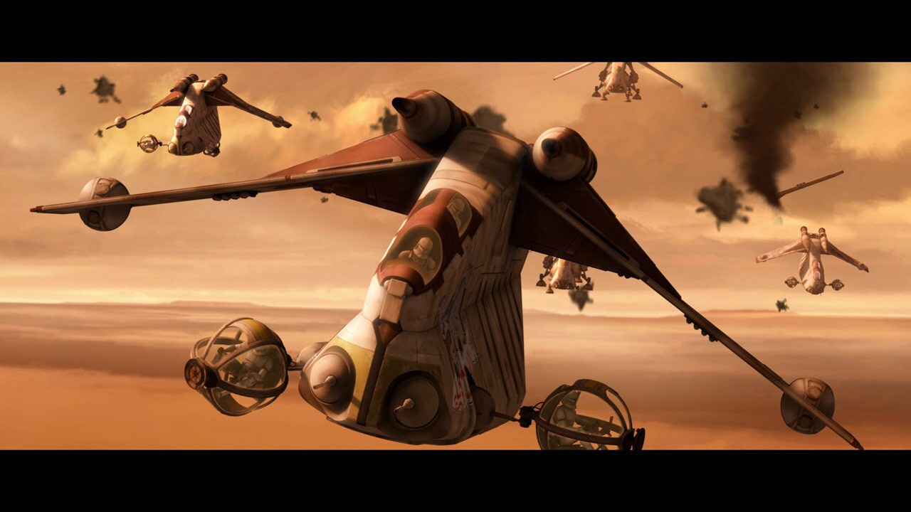 High over Geonosis, the Republic cruisers and transports deploy the landing forces. Flocks of gun...