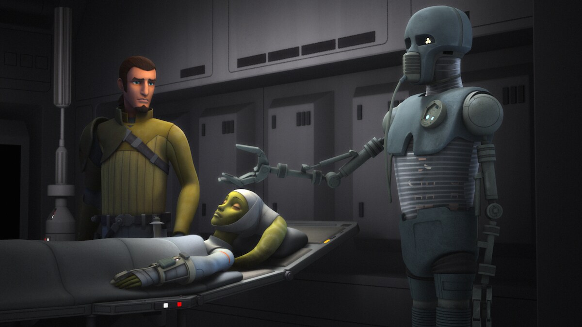 A 2-1B droid in a medical room with Kanan Jarrus and a critically wounded Hera Syndulla