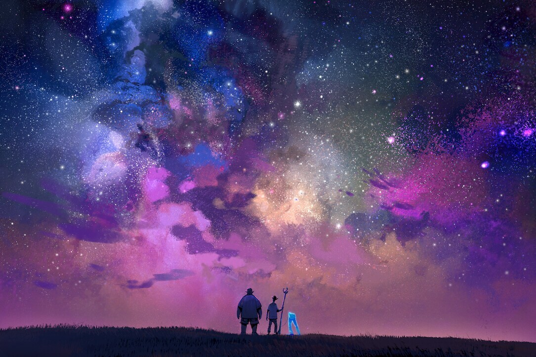 Concept art featuring Ian, Barley, and their dad under a purple pink starry night sky