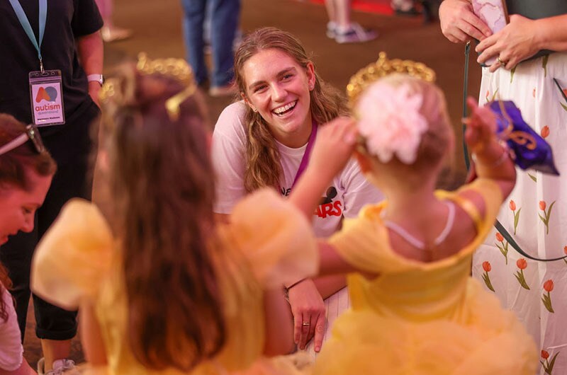 A Castmember chats to children at the relaxed performance of Beauty and the Beast at Queensland Performing Arts Centre