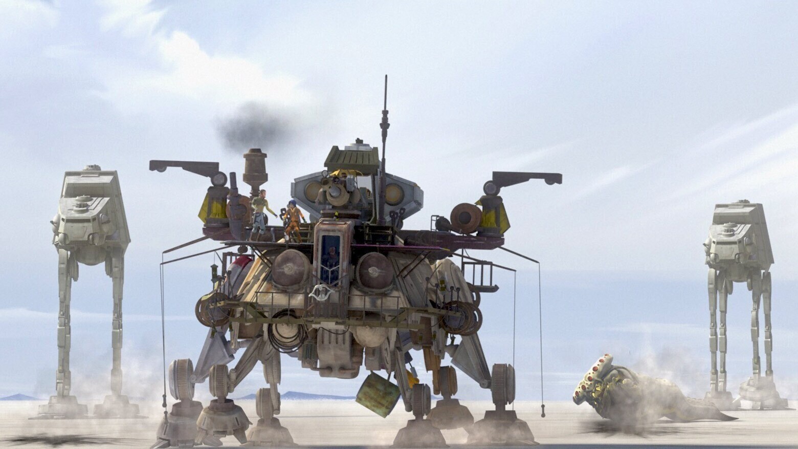 A clone-modified AT-TE walker followed by AT-AT walkers on the plains of Seelos
