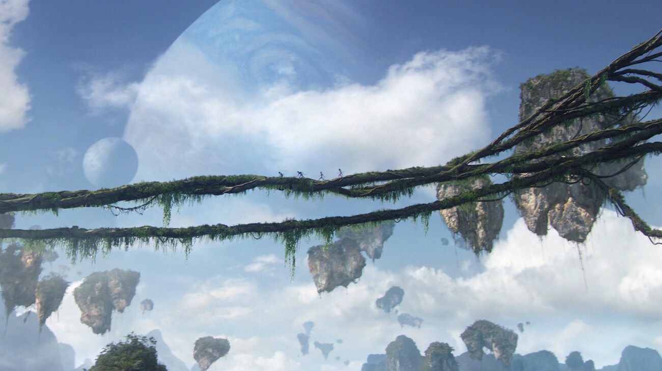 Vine Highways stretching across Pandora's floating mountains, in the daytime sky background, gas giant planet Polyphemus is visible.