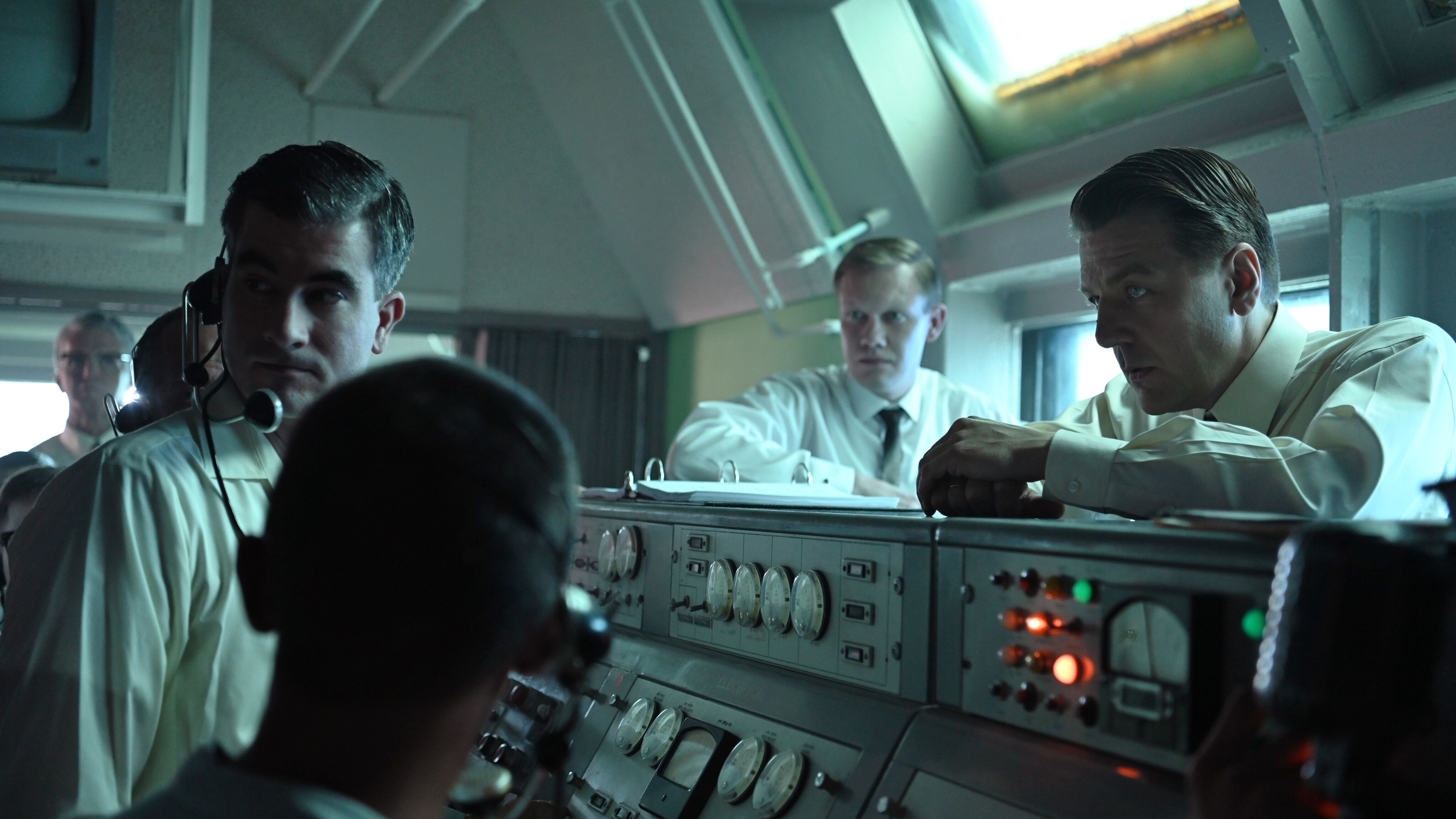 Wernher Von Braun (R) played by Sacha Seberg and team in the block house during a Mercury-Redstone test launch in National Geographic's THE RIGHT STUFF streaming on Disney+. (Credit: National Geographic/Gene Page)