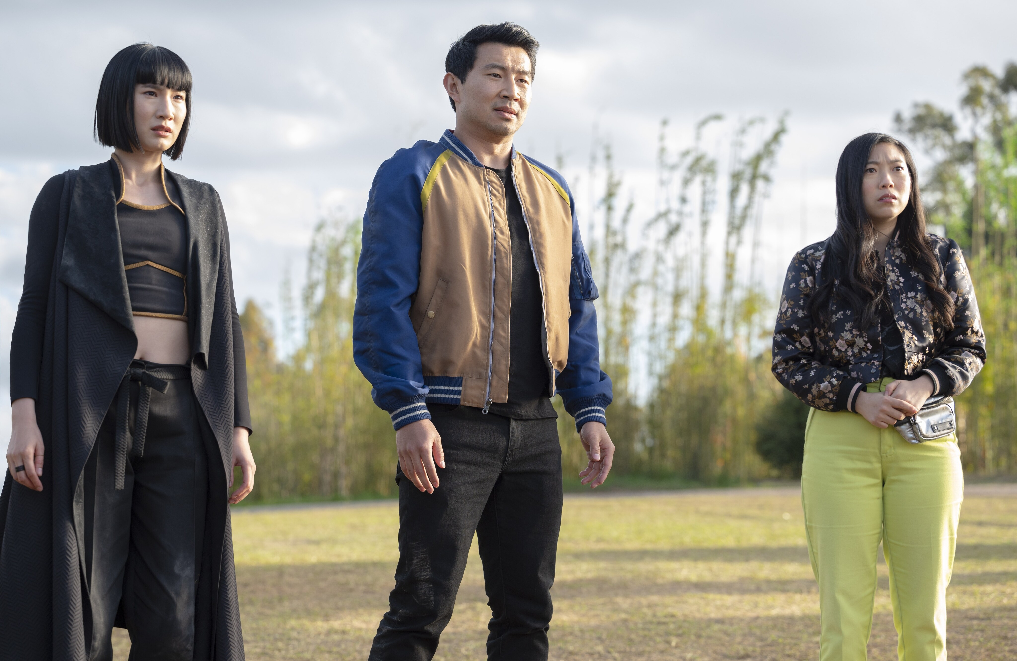 Meng'er Zhang as Xialing, Simu Liu as Shang-Chi, and Awkwafina as Katy in Marvel Studios' Shang-Chi and the Legend of the Ten Rings