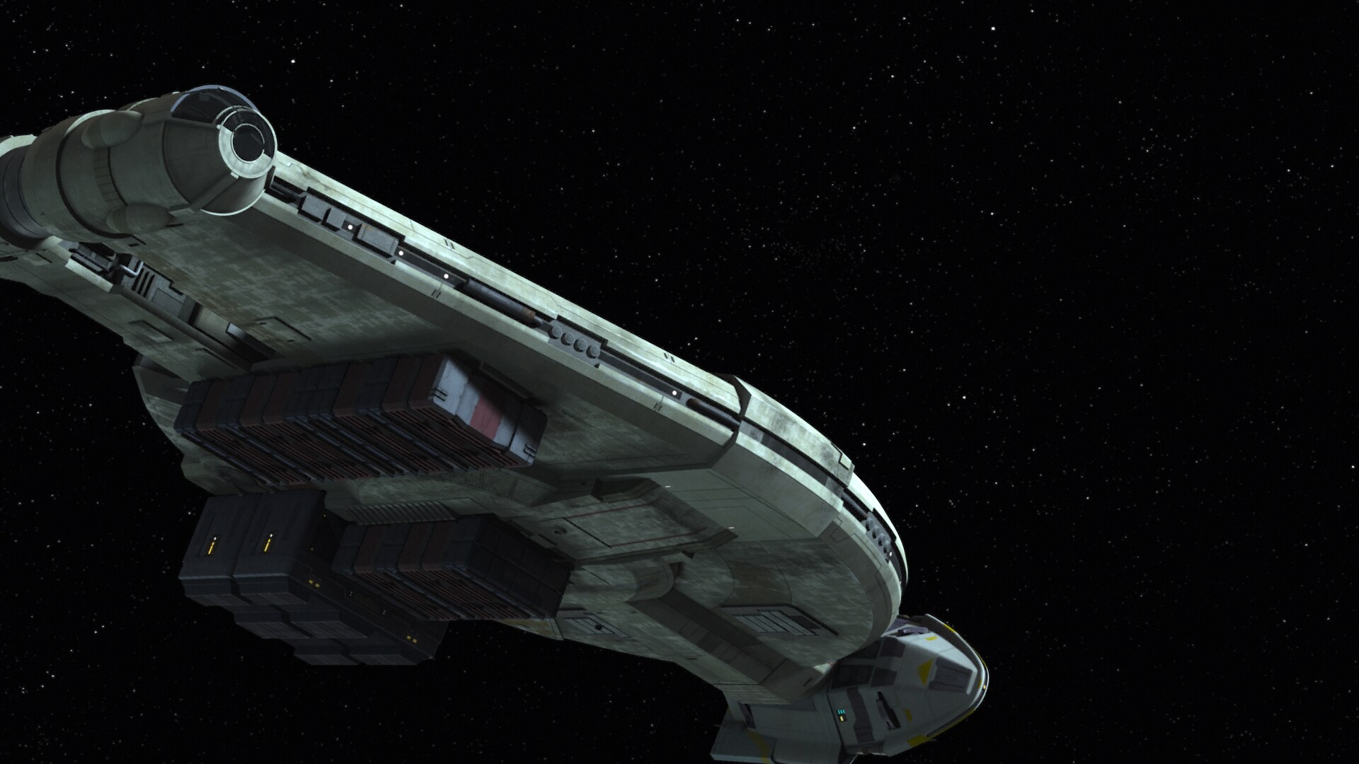 The YT-2400 design used by Iron Squadron originally developed as a background ship flying over Mo...