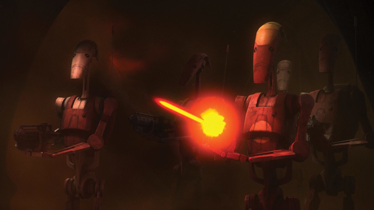 The battle droids encountered in this episode are a literal mix of the tan-colored units and the ...