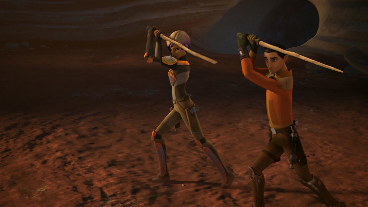Ezra teaches Sabine the basic forms of lightsaber combat. Kanan feels Sabine is blocked, and not ...