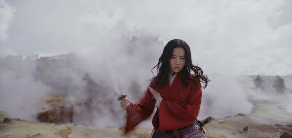 Mulan with sword in smokey background 