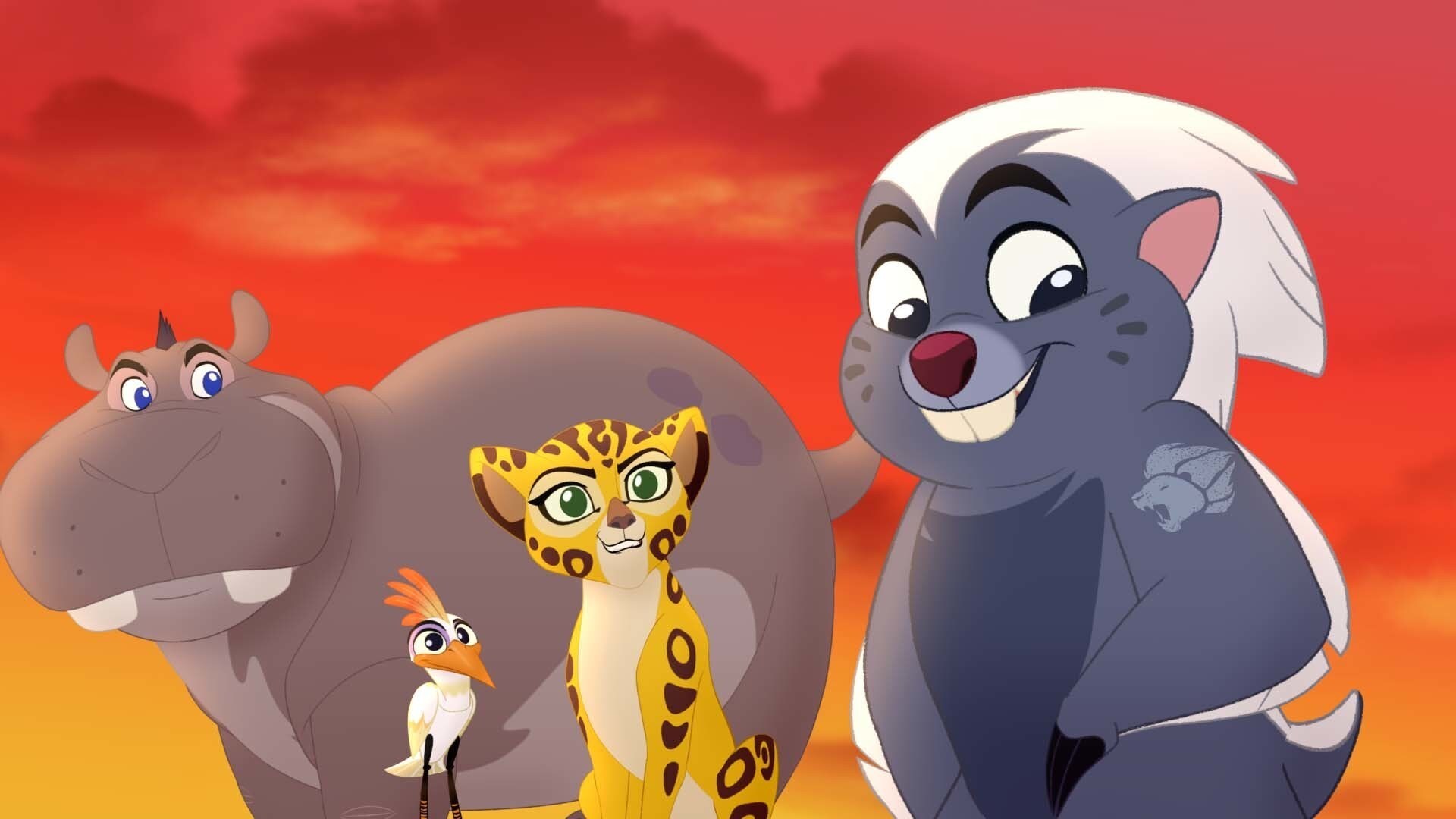 The Lion Guard (left to right), Beshte the strongest, Ono the keenest of sight, Fuli the fastest, and Bunga the bravest. From the movie "The Lion Guard: Return of the Roar"