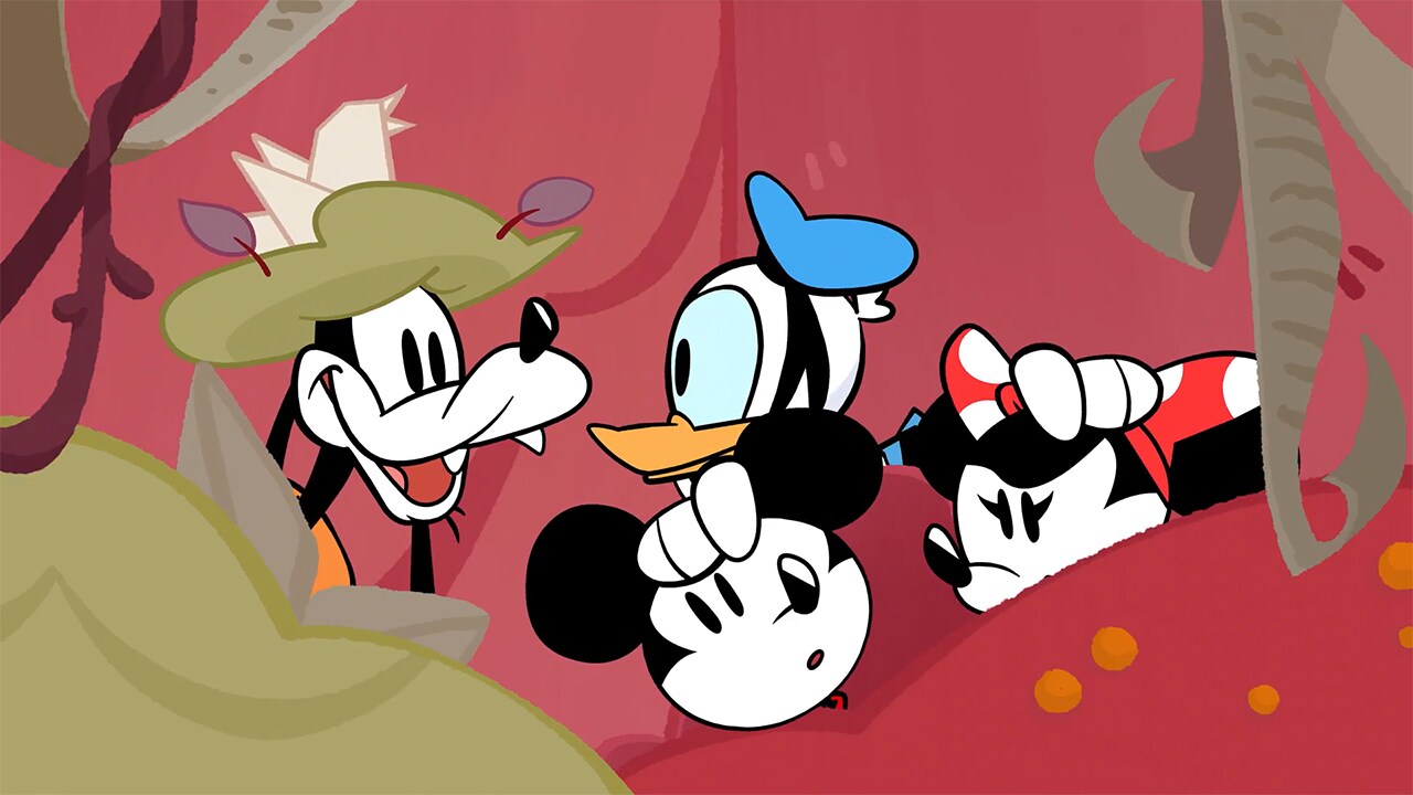 Capture d'écran en jeu de Disney Illusion Island avec Minnie, Mickey, Donald et Dingo