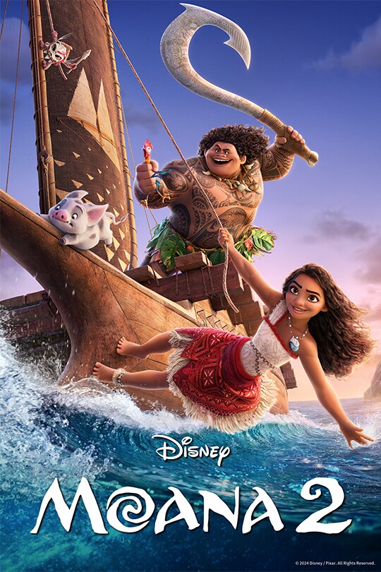 A movie poster for Disney's Moana 2 featuring Moana, Maui, Hei Hei and Pua in a boat on the ocean.