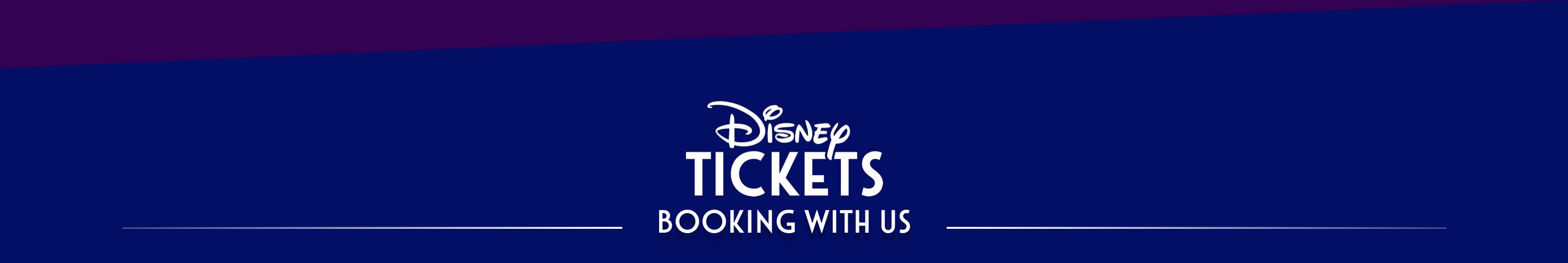 Logo of 'Disney Tickets - Booking With Us' featured on a blue background
