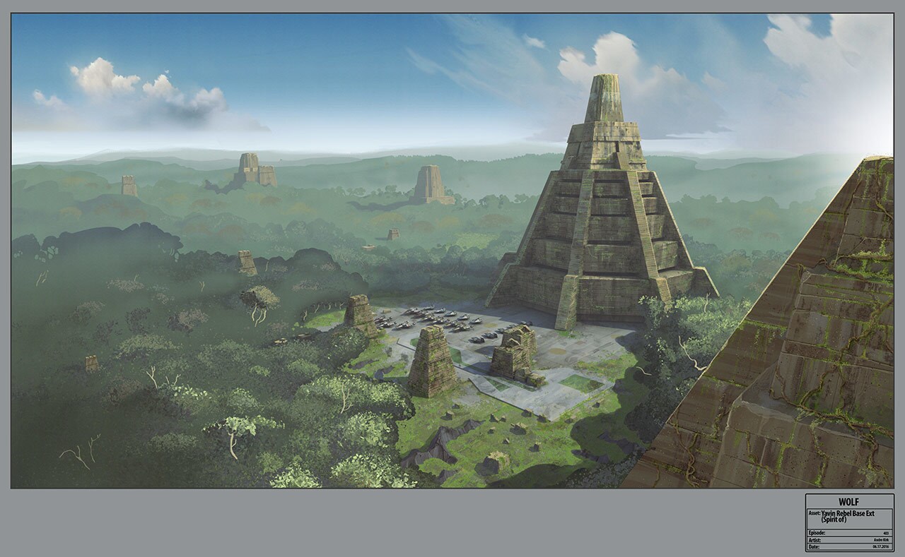 Yavin rebel base ext. concept art by Andre Kirk.