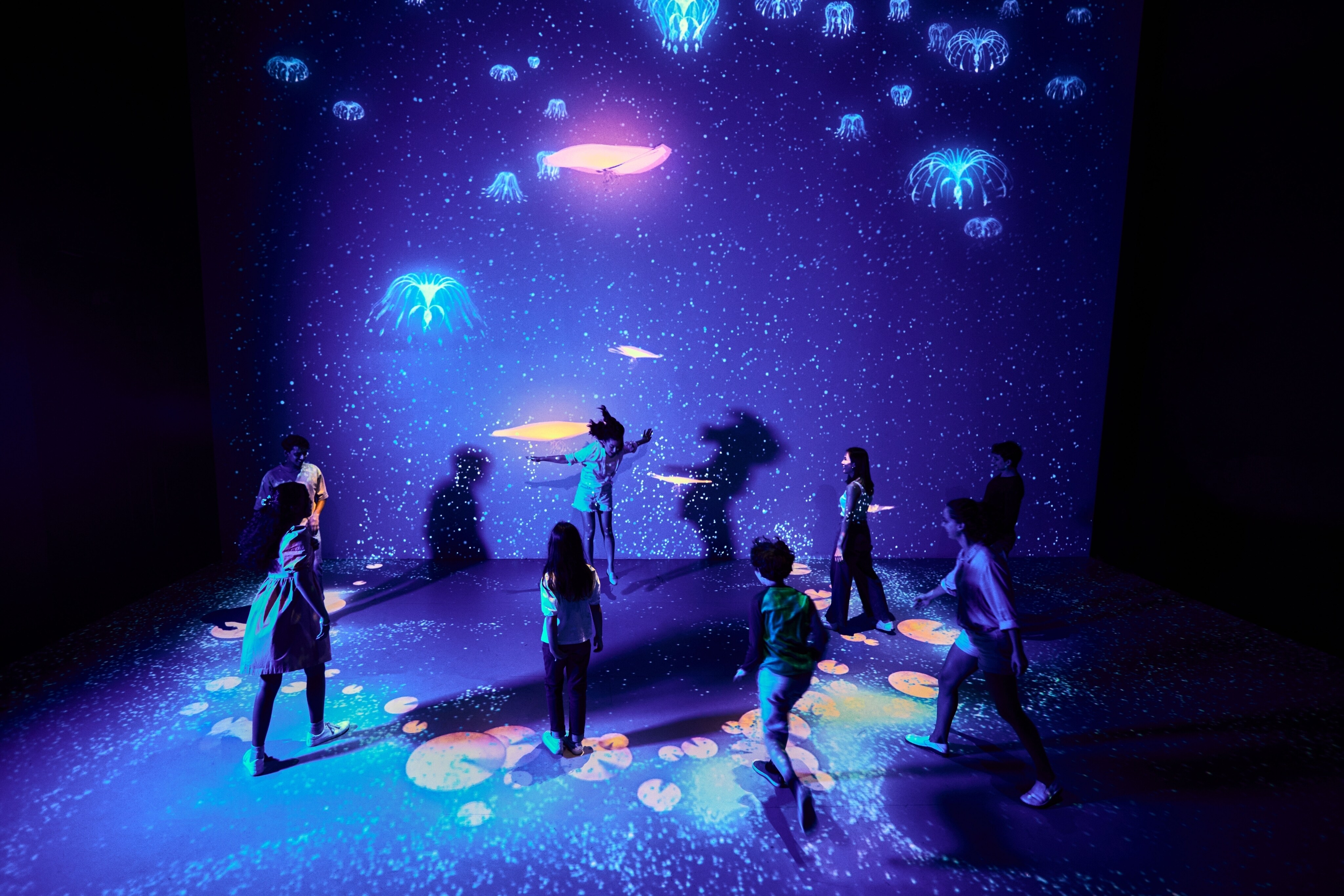 Several people in a room filled with bioluminescent projections of floating woodsprites.