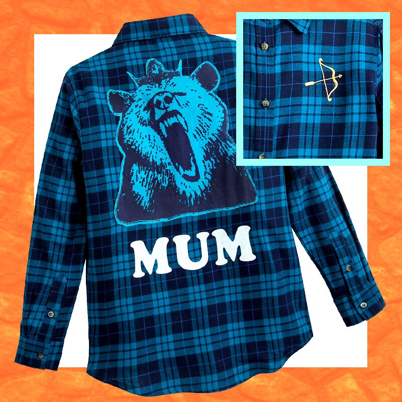 Brave-inspired blue checkered shirt with 'bear' and 'mum' print at the back 