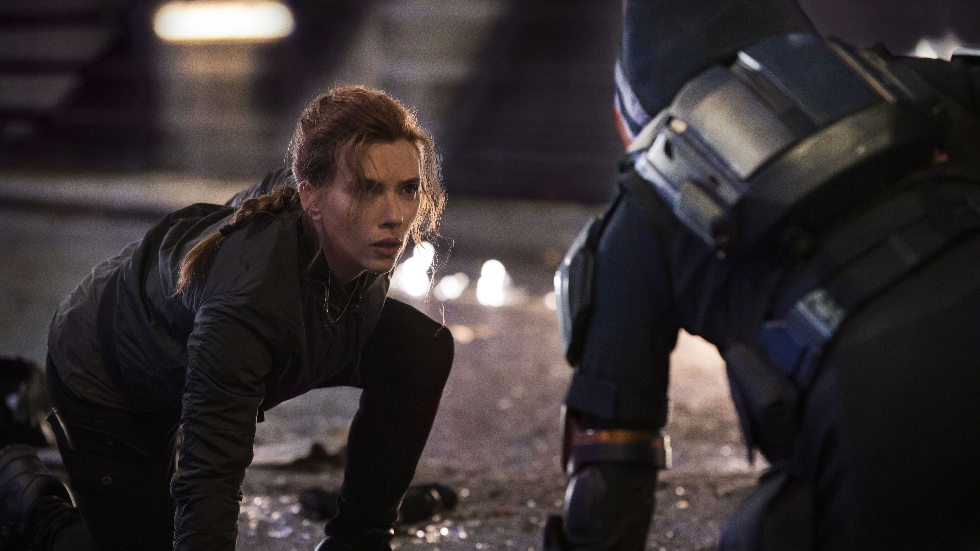 (L-R): Black Widow/Natasha Romanoff (Scarlett Johansson) and Taskmaster in Marvel Studios' BLACK WIDOW, in theaters and on Disney+ with Premier Access. Photo by Jay Maidment. ©Marvel Studios 2021. All Rights Reserved.