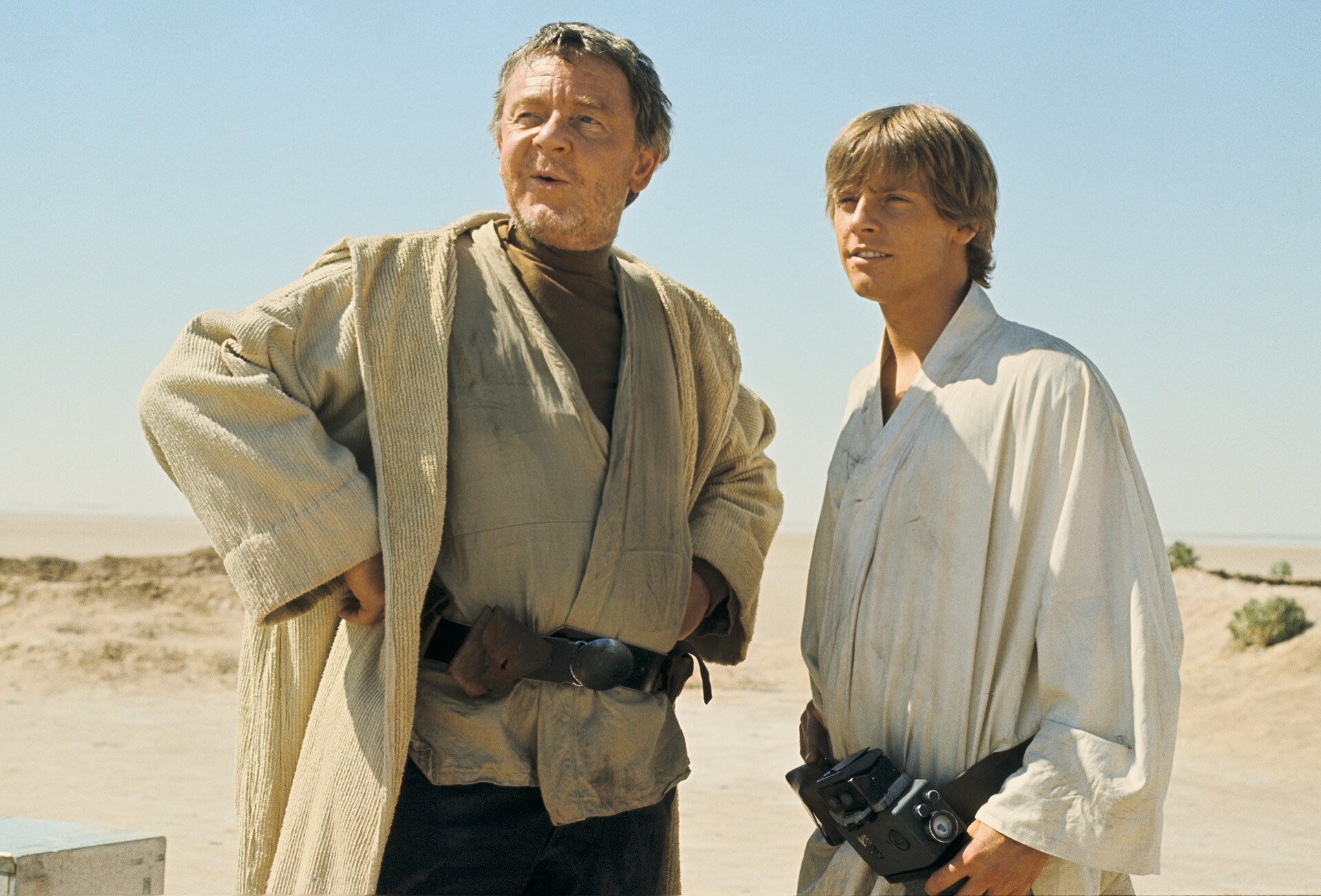 Actors Phil Brown (left, Uncle Owen) and Mark Hamill (Luke Skywalker) were among the first in front of the cameras.