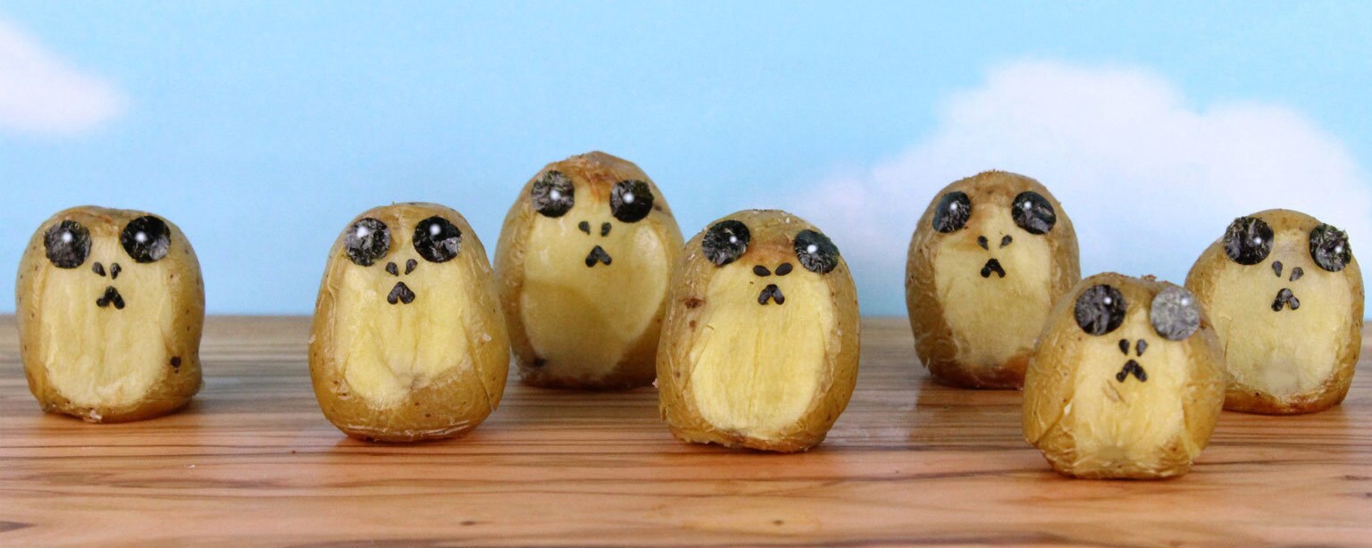 Potatoes decorated as Porgs.