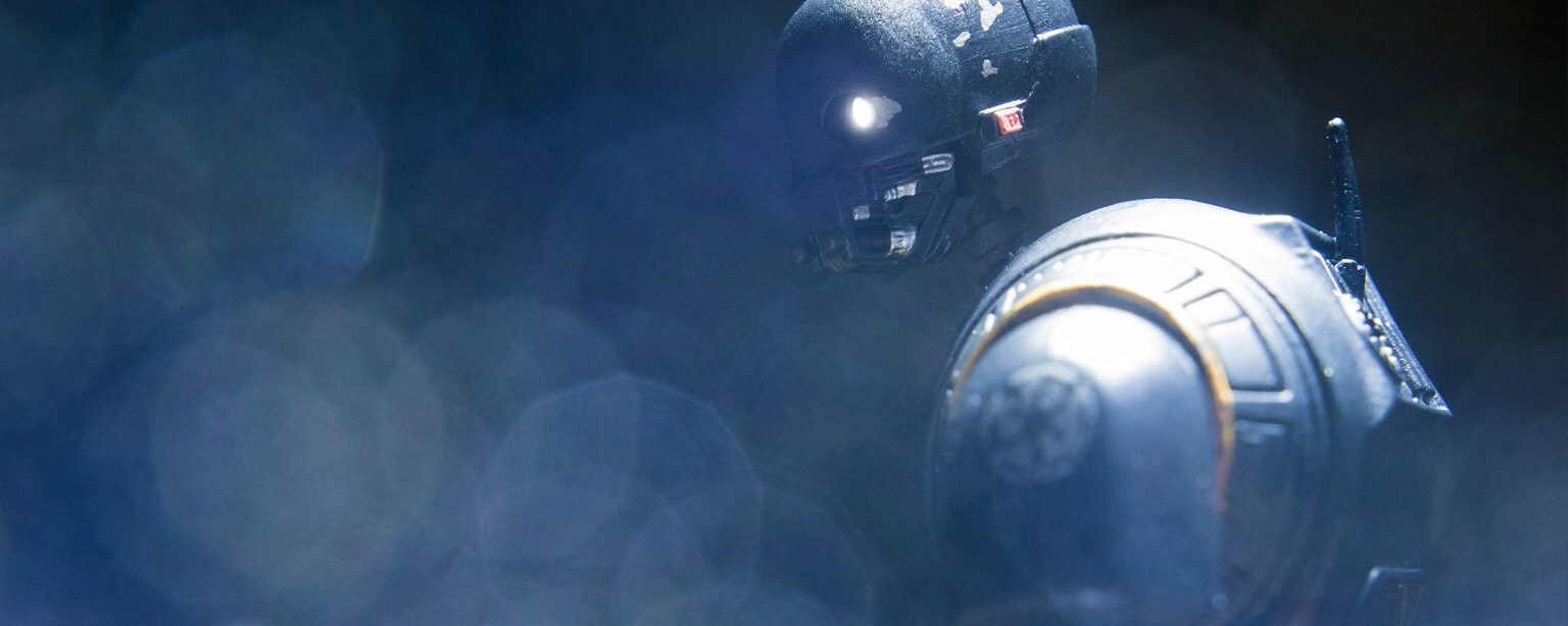 A toy K-2SO realistically photographed.
