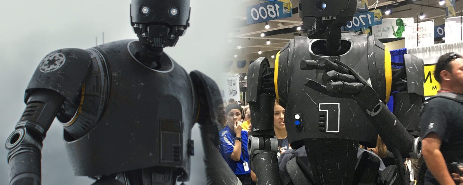 On the left, K-2SO as seen in Rogue One. On the right, a life-size K-2SO puppet, created by a Star Wars cosplayer, standing amid a crowd at San Diego Comic-Con.