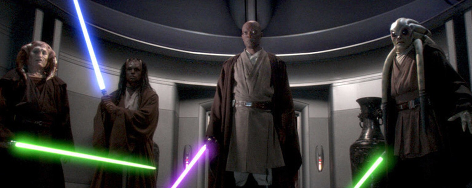Members of the Jedi Council clutch lightsabers as they prepare to arrest the Chancellor in Star Wars: Revenge of the Sith.