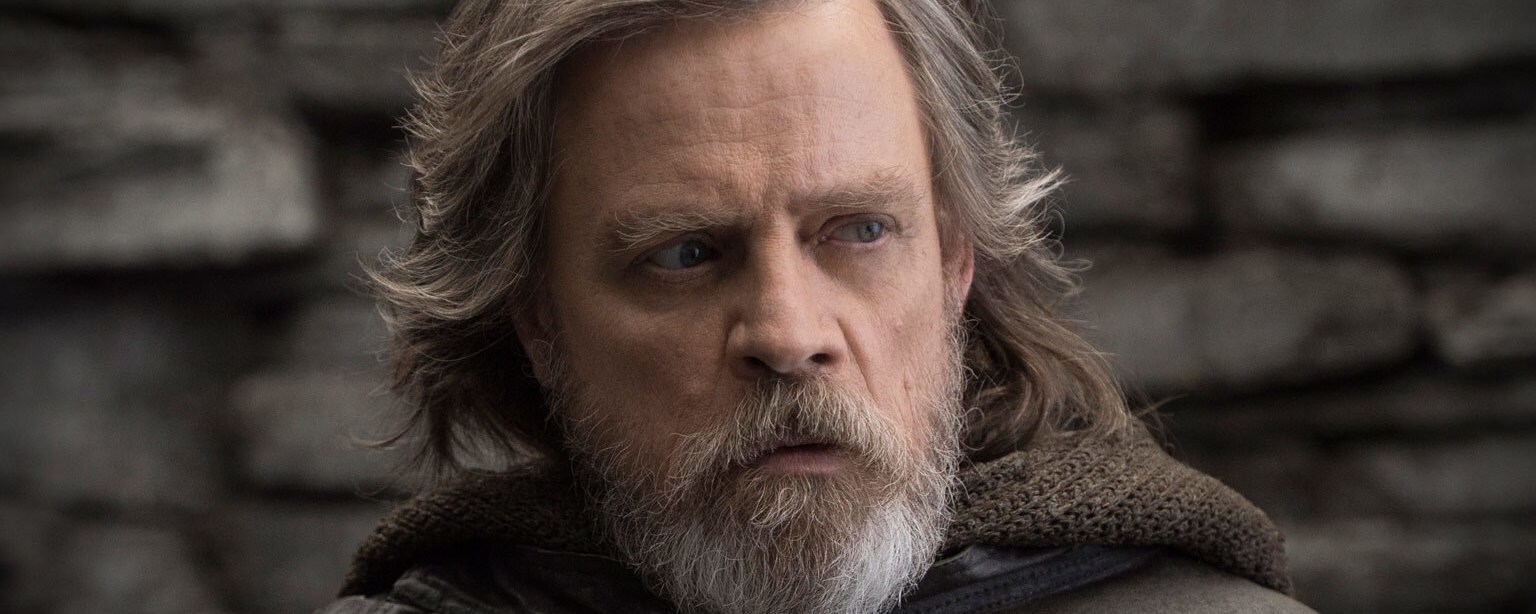A close-up of Luke looking concerned in Star Wars: The Last Jedi.