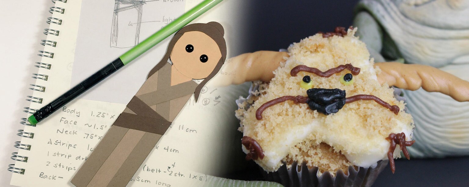 A split image shows a Rey bookmark placed on a open sketchbook with instructions on how to create the bookmark, on the left, and a Salacious Crumb Cake, on the right.