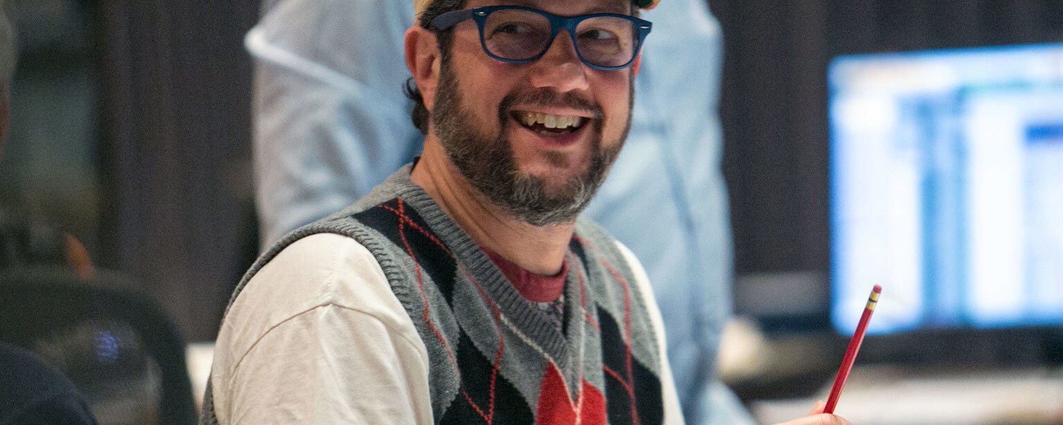 Michael Giacchino, the Rogue One: A Star Wars Story composer, smiles at a scoring session.