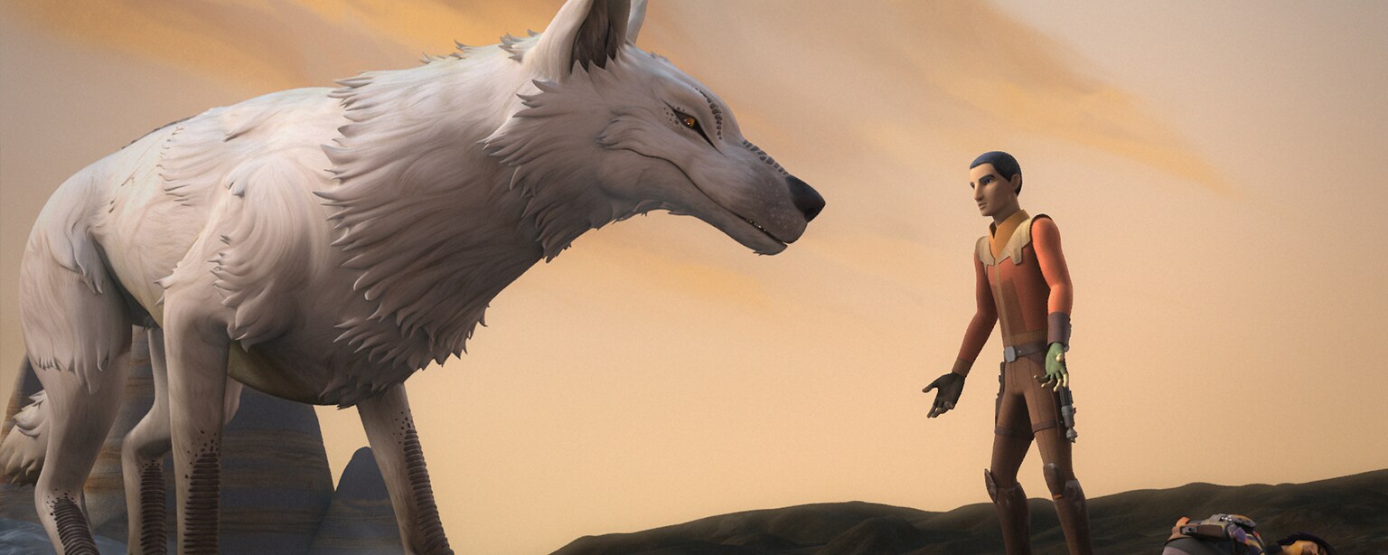 Ezra talks to a Loth-wolf while Sabine lies wounded on the ground in Star Wars Rebels.