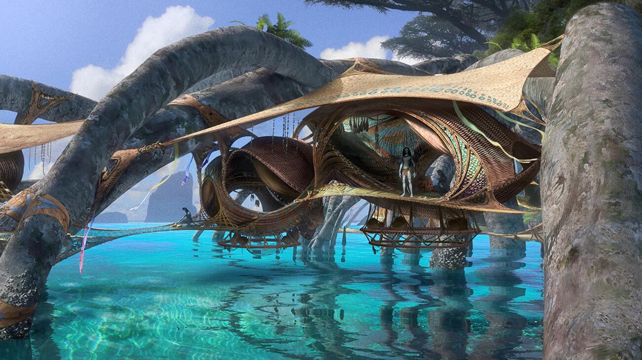 Image of the characters in the tree houses that are hanging above the water from the 20th Century Studios movie Avatar: The Way of Water.