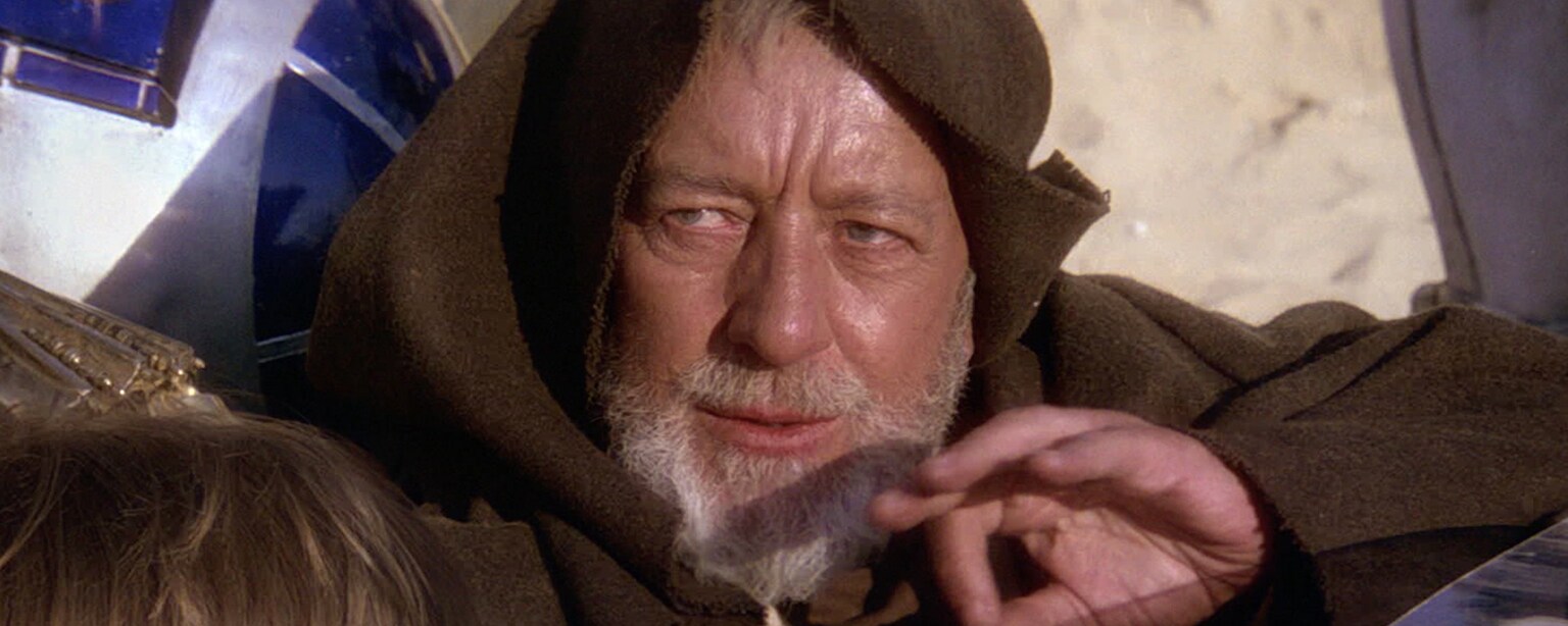 Obi-Wan makes a hand gesture while using the Force in A New Hope.