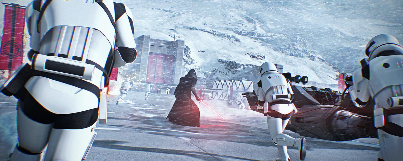 Kylo Ren leads stormtroopers in an attack on Crait.