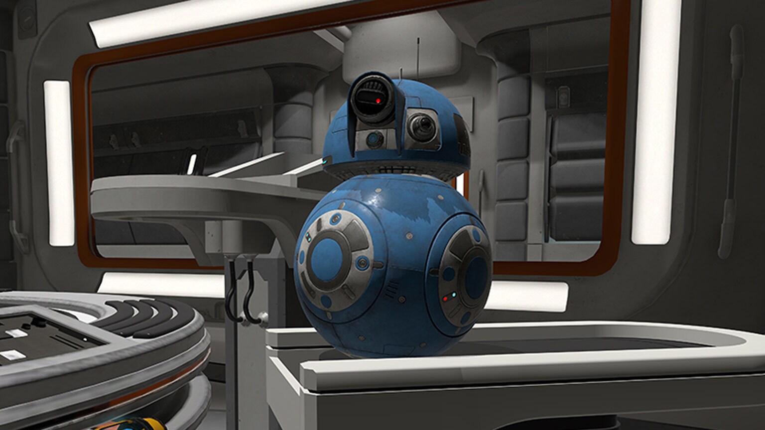 A blue astromech droid from the VR experience Droid Repair Bay.
