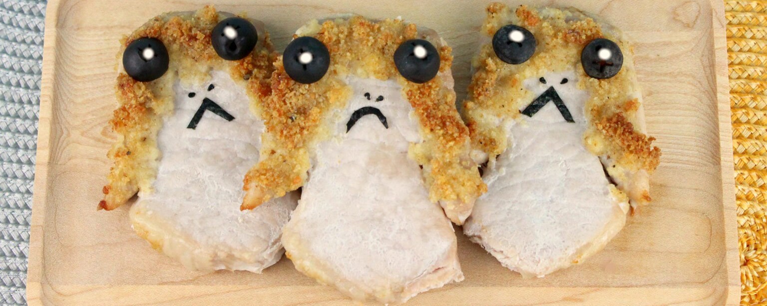 Porg Chops on a wooded tray.