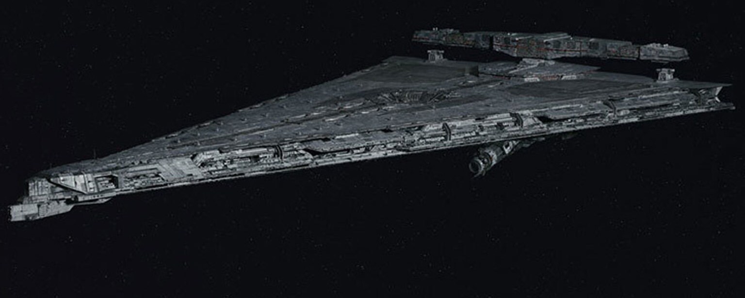 The Fulminatrix ship, a massive Mandator IV-class Siege Dreadnought, in space from Star Wars: The Last Jedi.