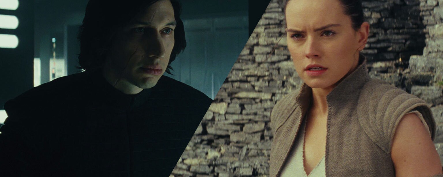 A split image shows Kylo Ren, on the left, and Rey, on the right.
