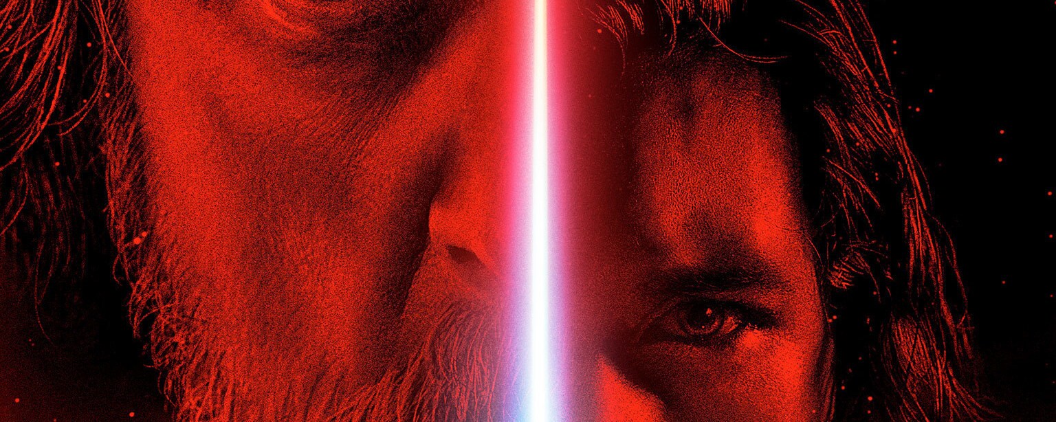 Luke's face and Kylo Ren's face divided by the blade of a lightsaber.